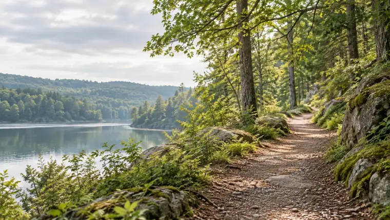 A quiet woodland trail beside a lake