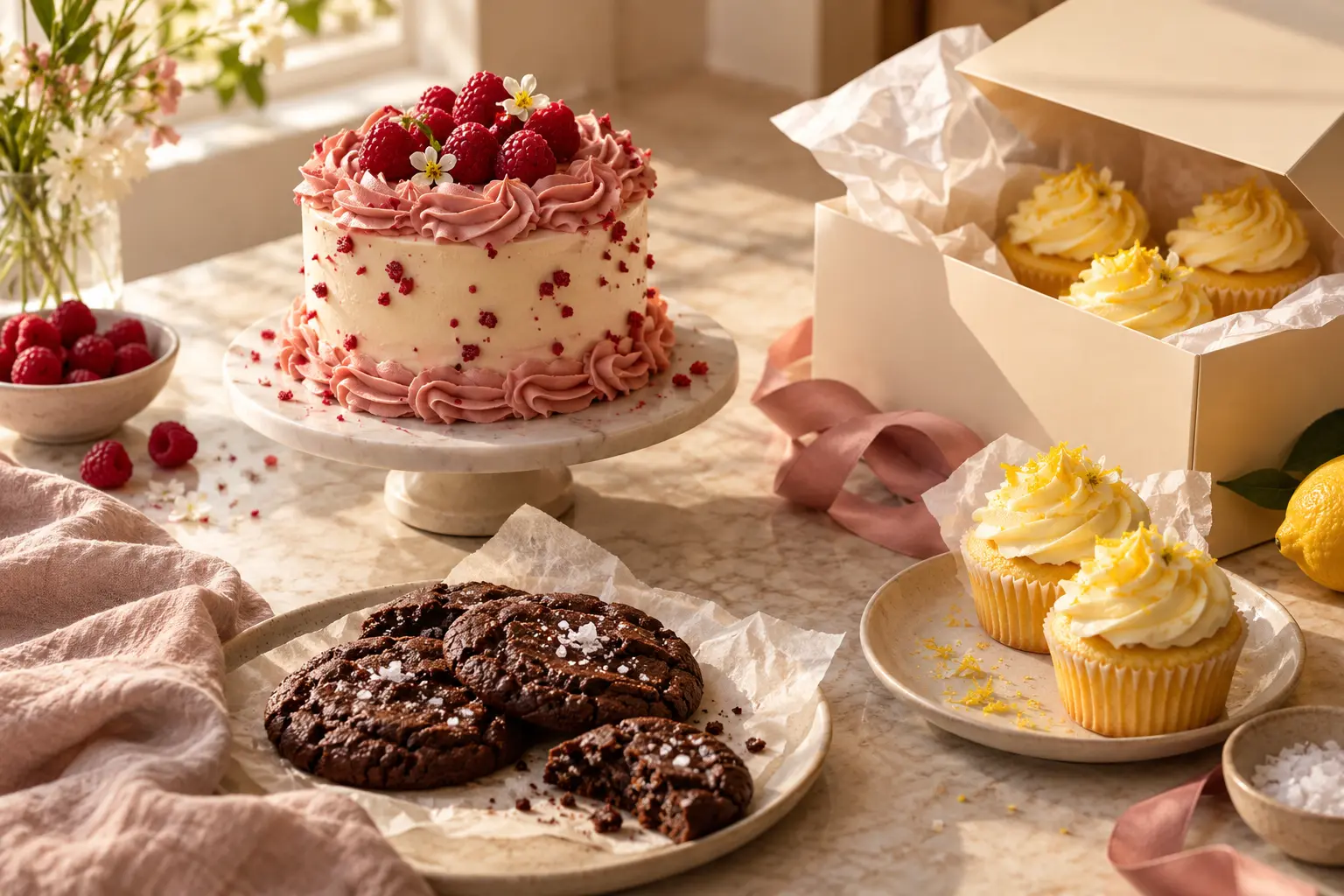 A sunlit counter of artisan cakes, pastries, and fresh bread