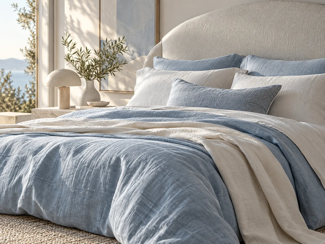 Layered linen bedding in a quiet sunlit bedroom