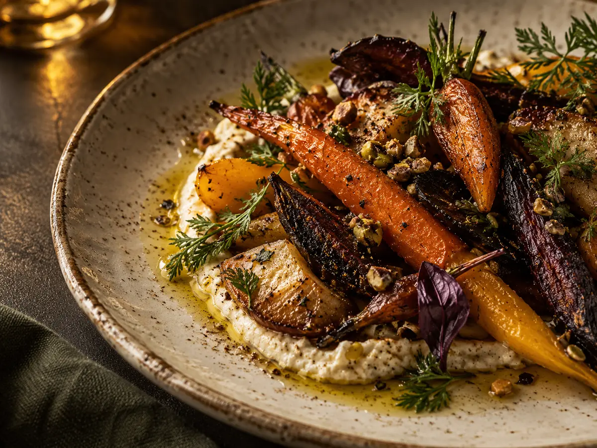 A close editorial photograph of a seasonal roasted vegetable dish