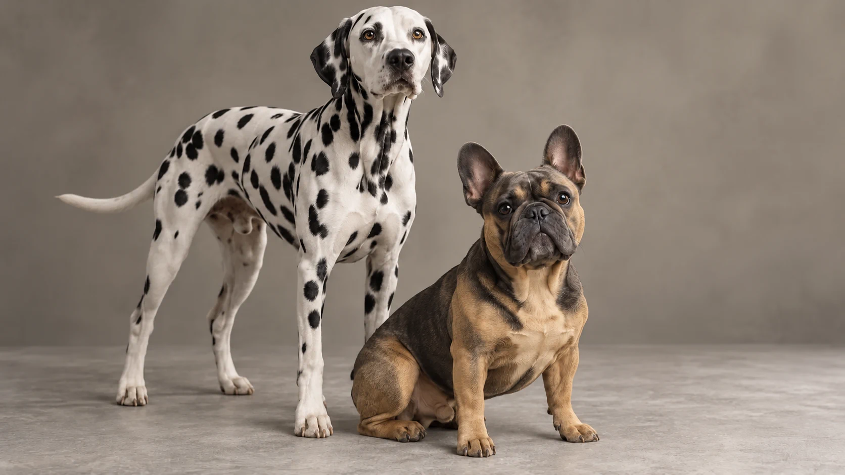 A Dalmatian standing beside a seated French Bulldog in a softly lit studio